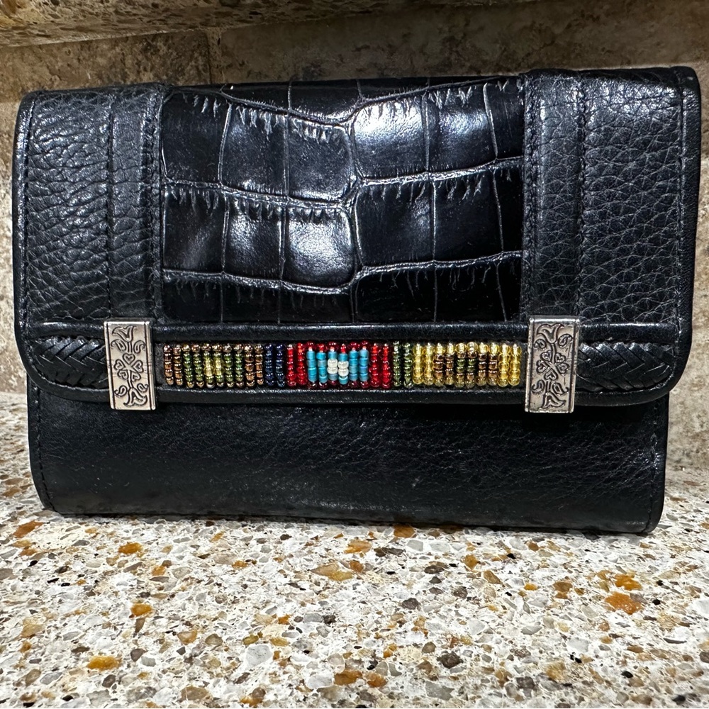 Brighton | EUC Leather Tri-Fold Wallet With Beading